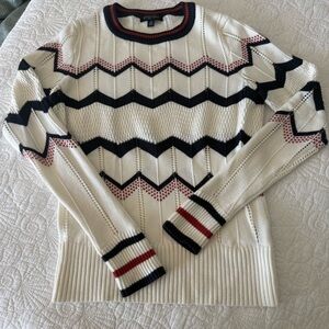 Etcetera White Crewneck Sweater with Navy & Red Chevron Trim